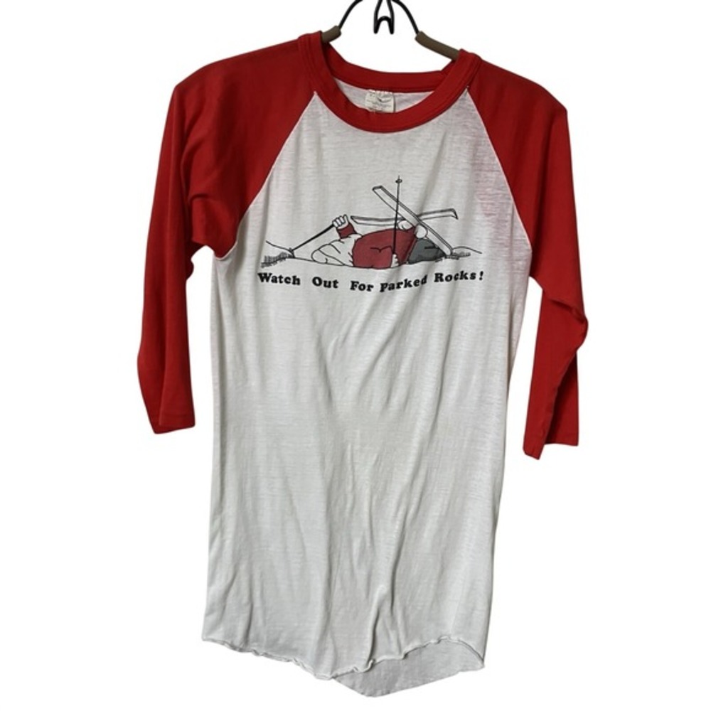 Vintage 1979 Watch Out For Parked Rocks‎ T-shirt Novelty Skiing Funny Baseball M